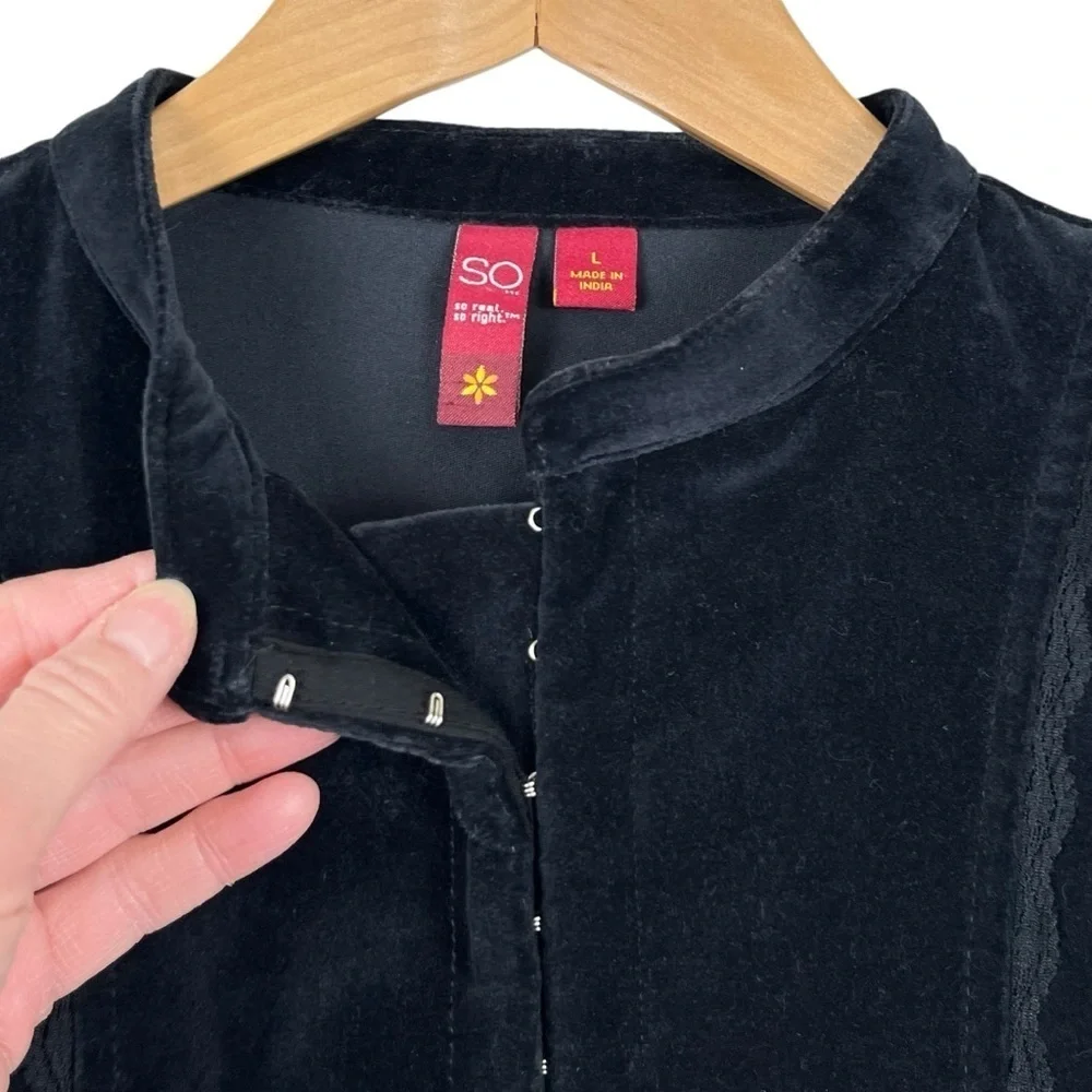 SO Black Cotton Velvet Hook & Eye Cropped Jacket Y2K Gothic Size Large